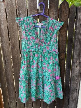 Banjanan Chandra Tiered Floral Cotton-Voile Ruffle Dress In Green/Pink Sz XS